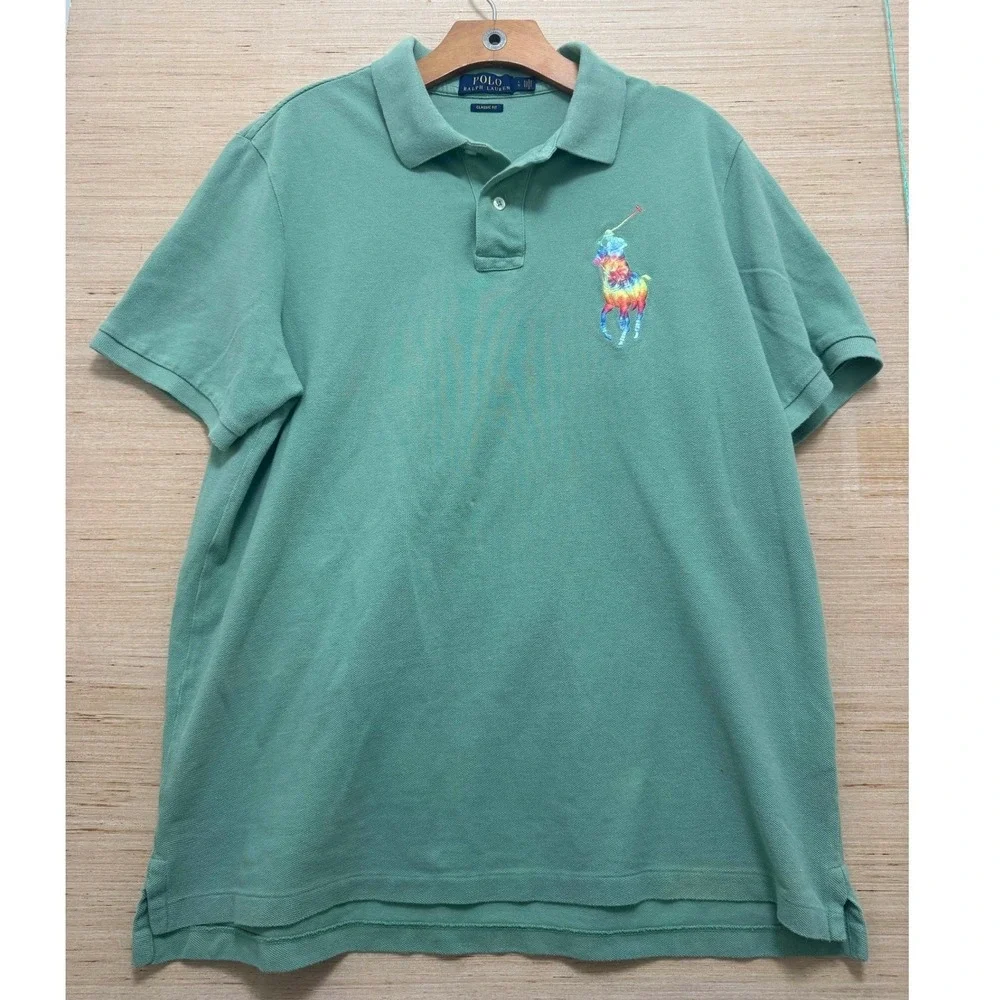 Polo Ralph Lauren Green Short Sleeve Polo Shirt Rainbow Pony Logo‎ Mens L